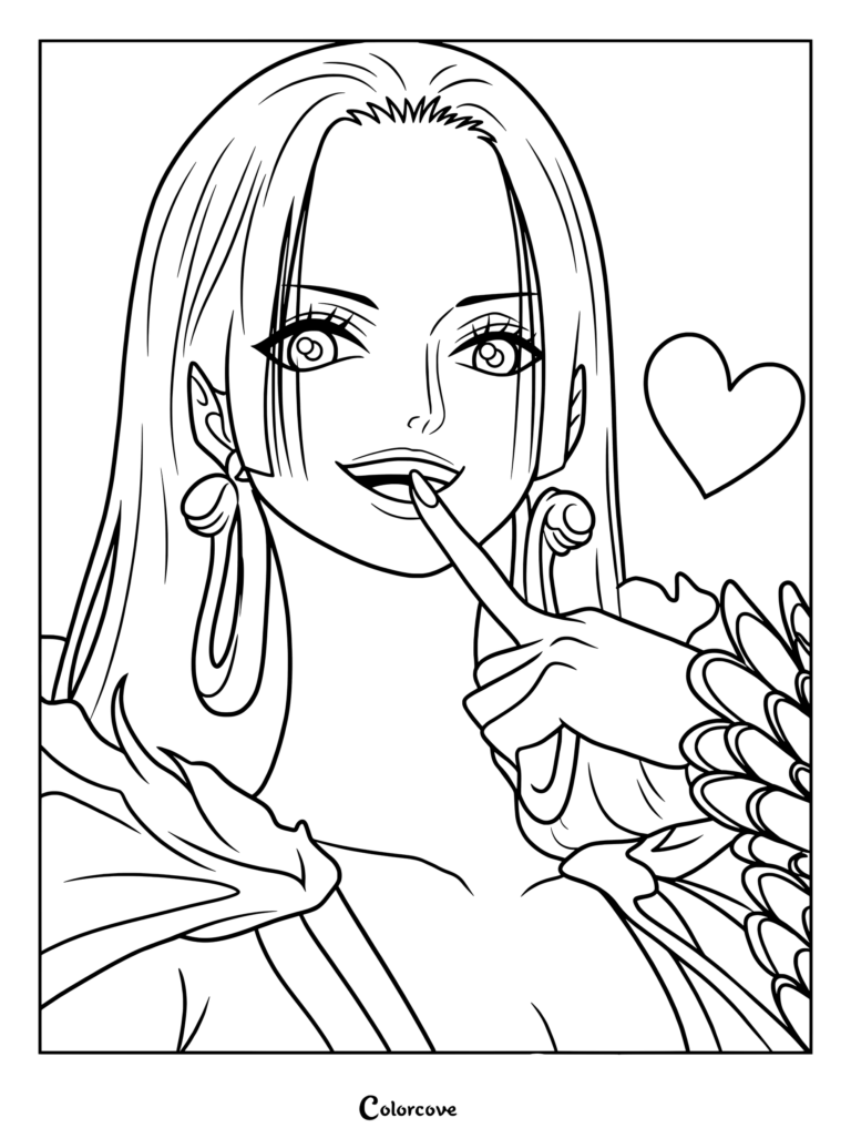 Boa Hancock from One Piece biting her finger with a floating heart icon, printable coloring page line art