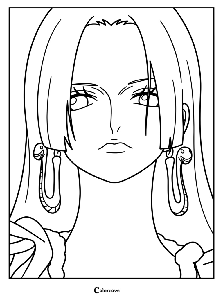 Close-up line art coloring page of Boa Hancock from One Piece showing her long hair and distinctive snake earrings
