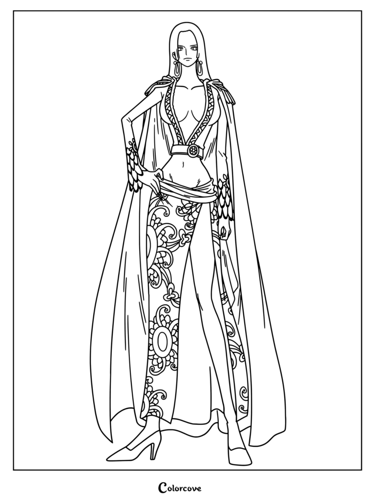 Boa Hancock posing gracefully in an elaborate patterned dress and cape coloring page
