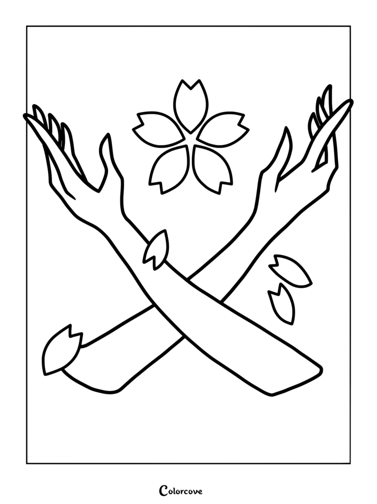 Printable coloring page featuring Nico Robin and her signature gesture with cherry blossoms