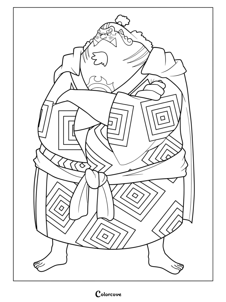 Jinbe from One Piece standing with arms crossed in a patterned kimono coloring page