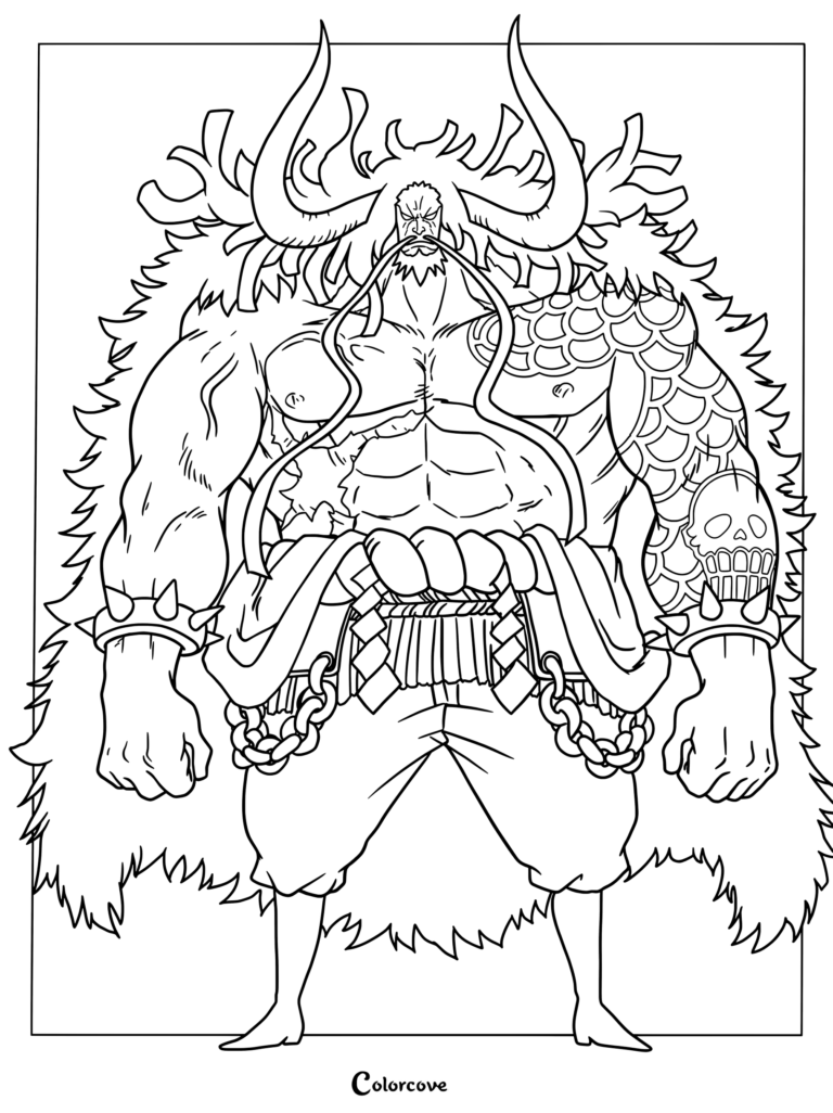 Kaido from One Piece standing with large horns, dragon scale tattoo, and furry coat in a printable coloring page