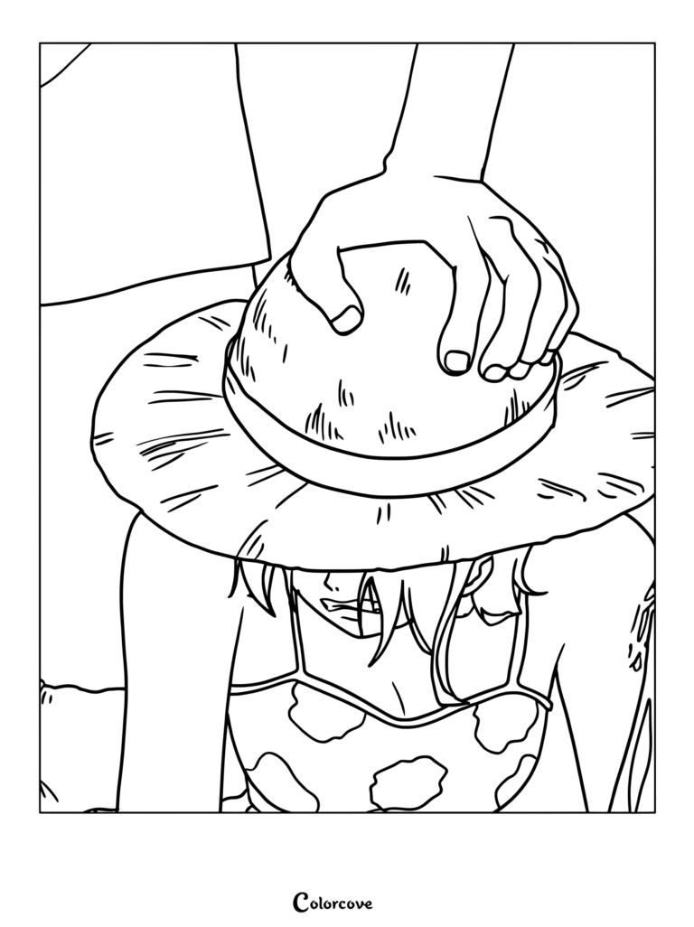 Luffy placing his straw hat on a weeping Nami's head at Arlong Park coloring page