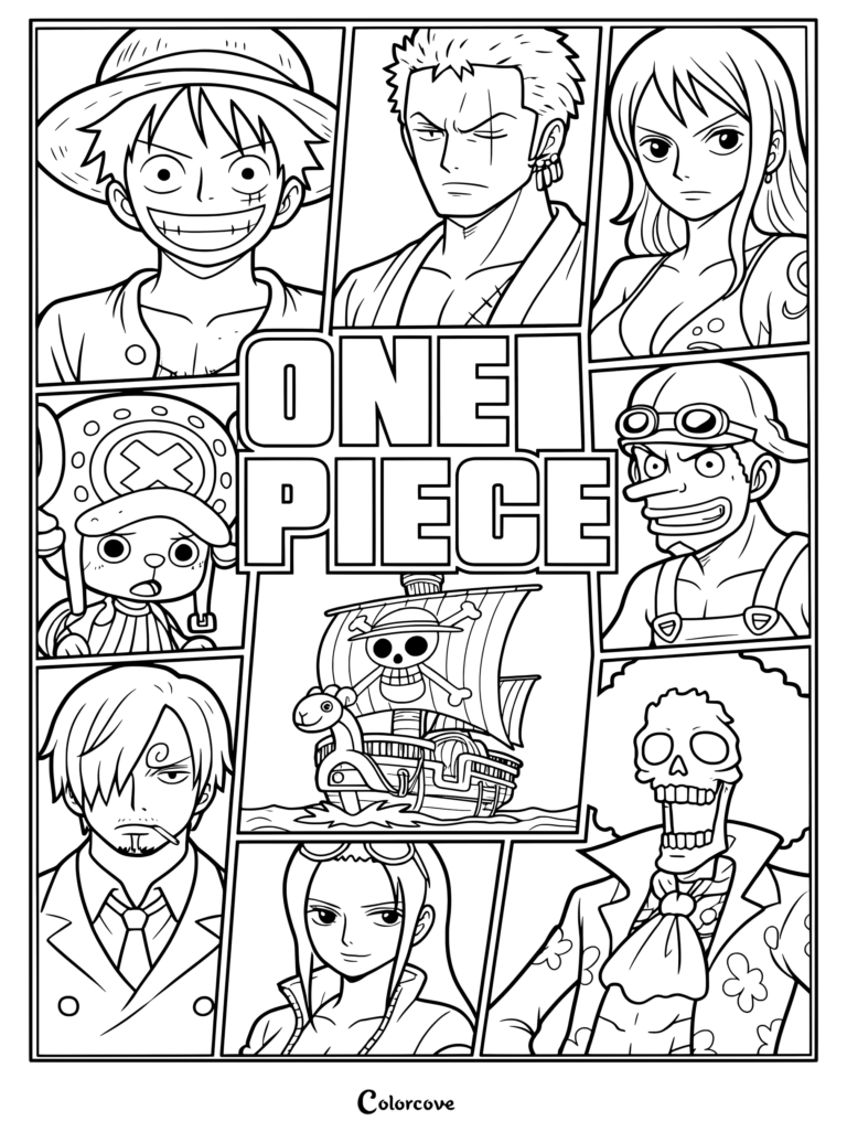 Collage of main characters from One Piece.
