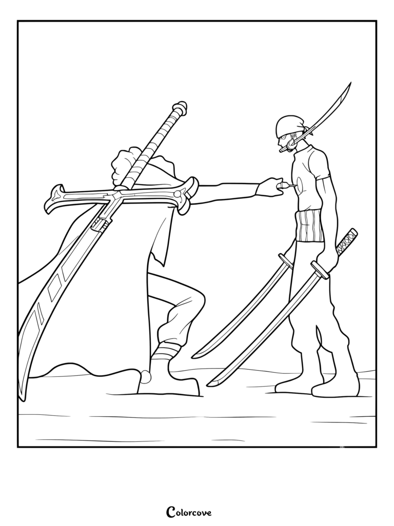 Mihawk stabs Zoro with a small dagger, known as the Kogatana, while holding his large sword, Yoru, on his back coloring page