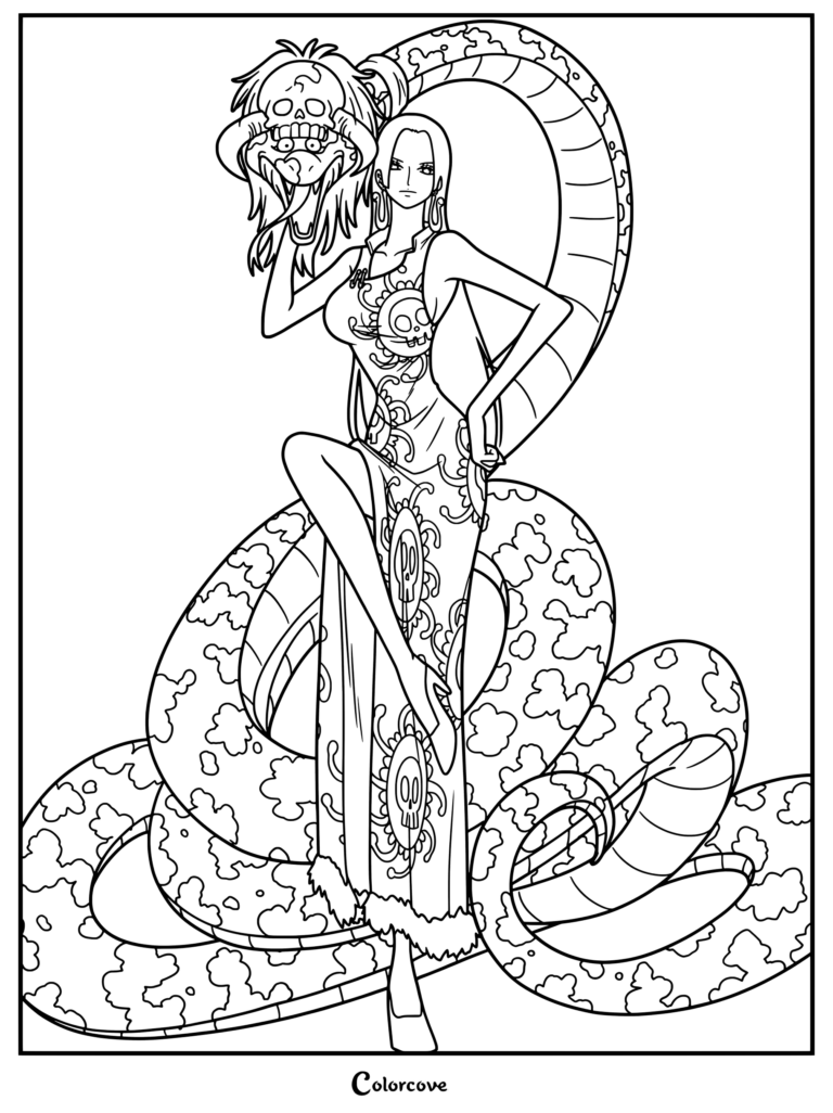 Boa holding a large skull mask, accompanied by her giant pet snake, Salome, in this detailed One Piece coloring page
