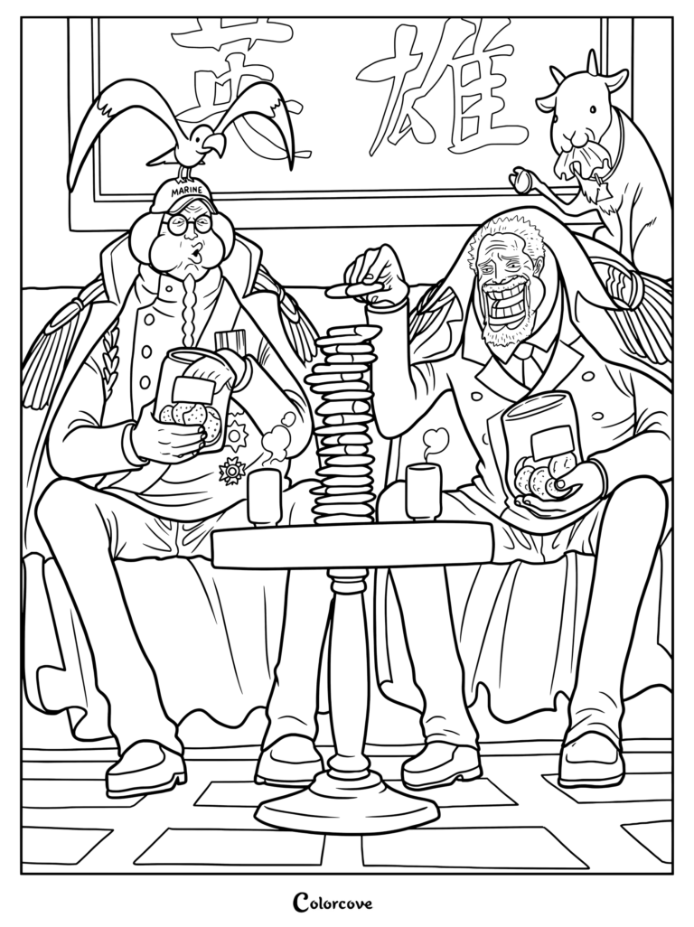 Monkey D. Garp and Sengoku eating snacks from bags next to a tall stack of crackers in a coloring page