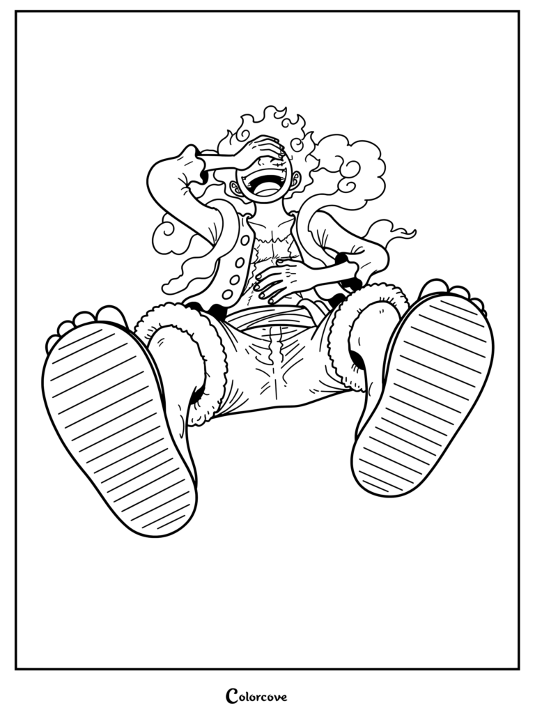 Monkey D. Luffy laughing in his Gear 5 form coloring page