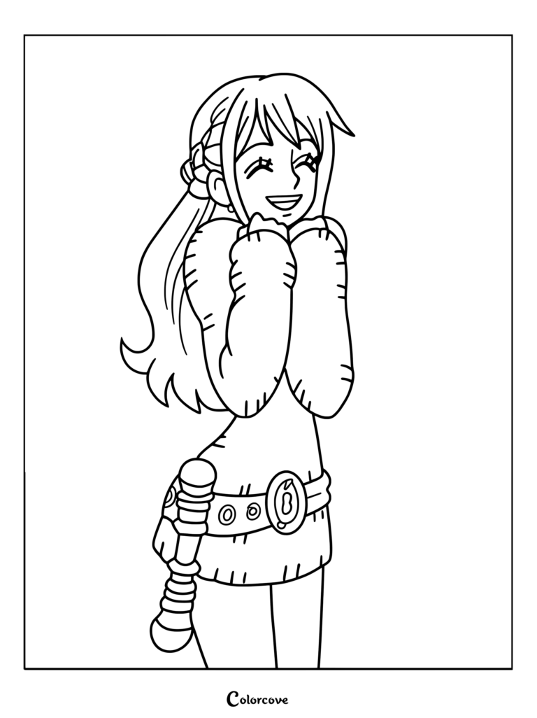 Nami from One Piece smiling happily in a cozy sweater coloring page