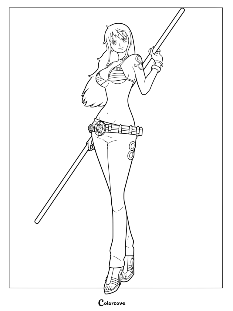 Nami from One Piece holding her staff in a coloring page