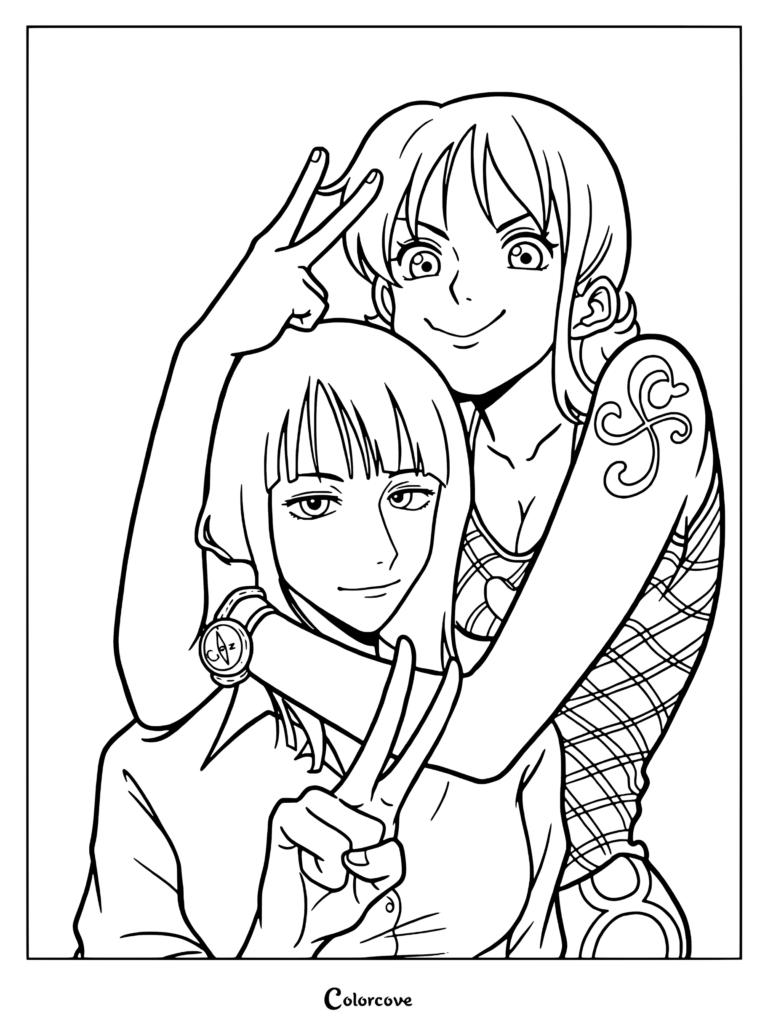 Nami and Robin coloring page featuring both characters flashing peace signs.