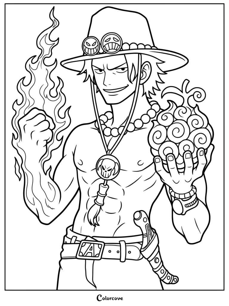 Portgas D. Ace from One Piece depicted wielding signature fire powers gained from the Flame-Flame Fruit coloring page
