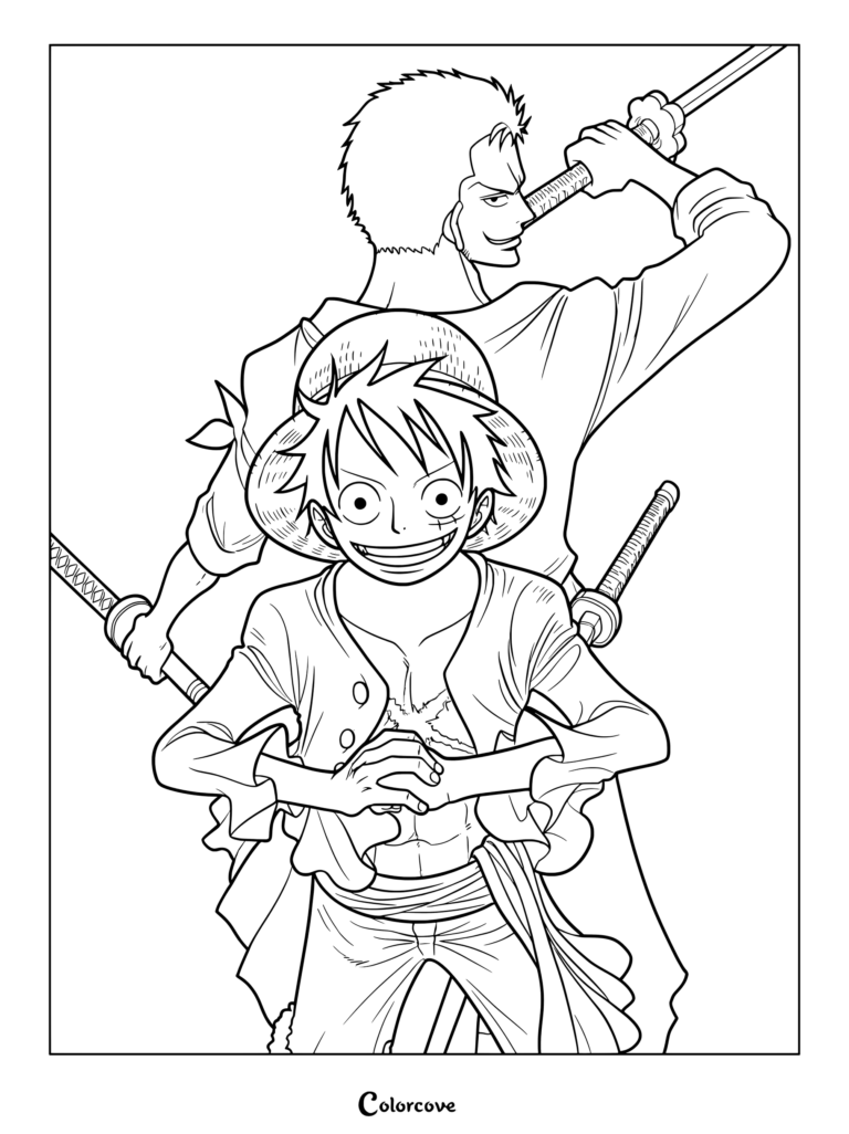 Roronoa Zoro and Monkey D. Luffy coloring page featuring the characters standing back-to-back with swords and straw hat