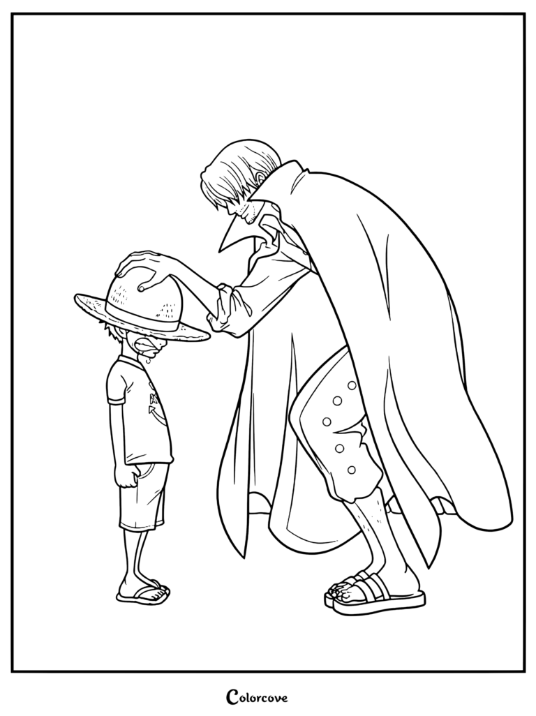 Shanks gives his straw hat to a young Monkey D. Luffy in this printable coloring page.
