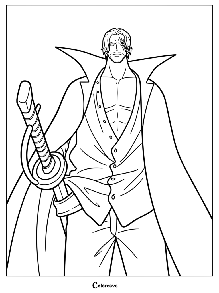 Shanks stopping the war at Marineford coloring page showing the character holding his sword