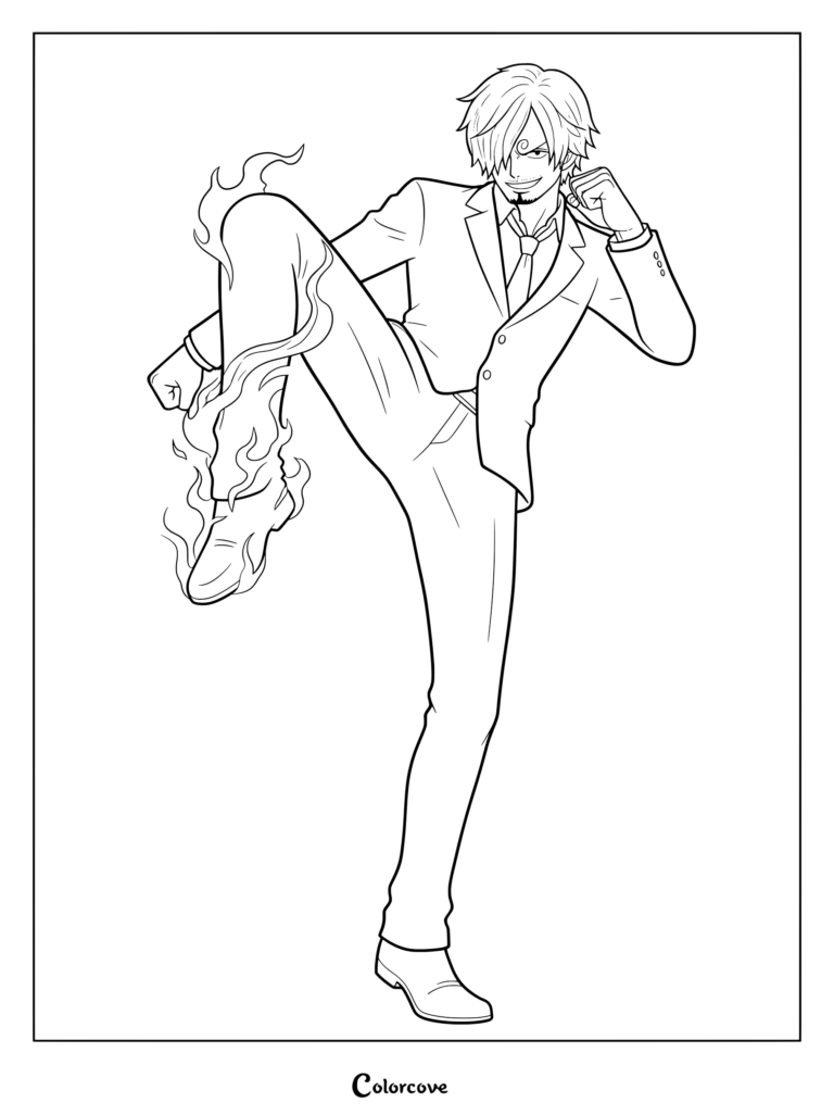 Sanji using his signature technique, Diable Jambe, where his leg is engulfed in flames coloring page