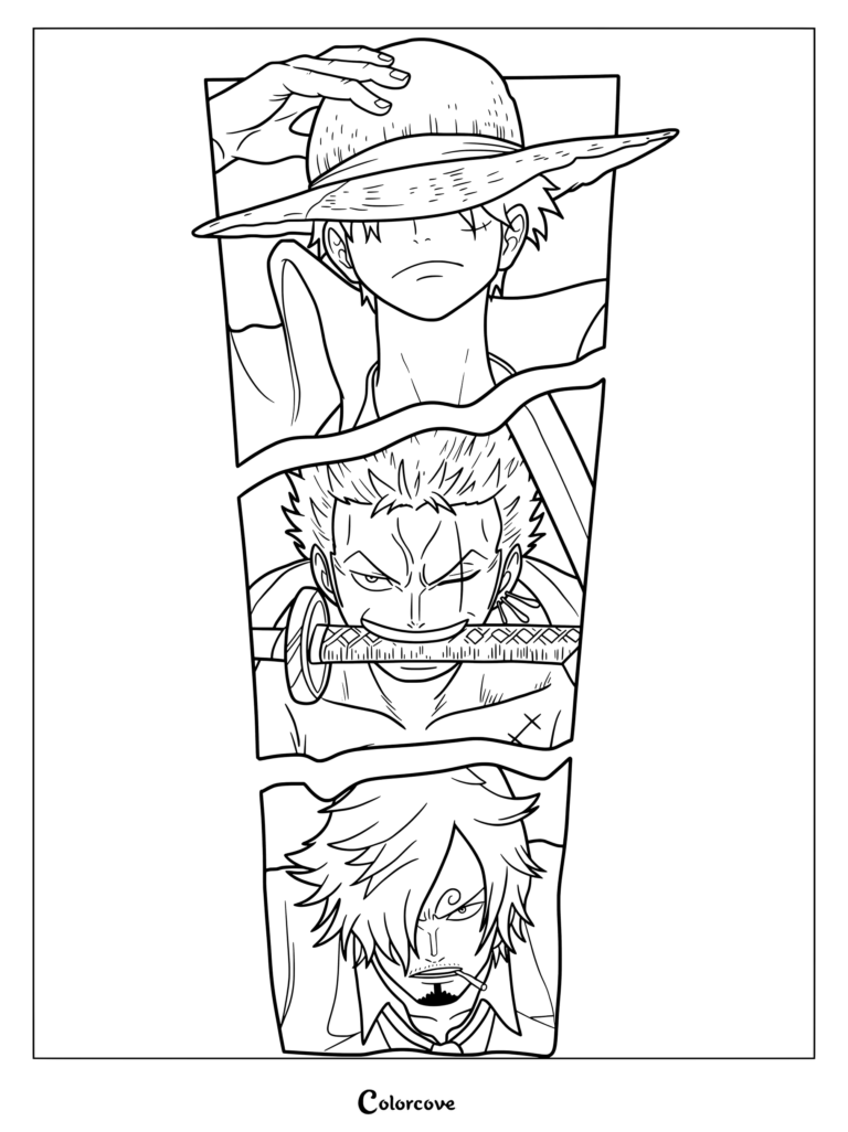 Printable coloring page of the Monster Trio from One Piece featuring Monkey D. Luffy, Roronoa Zoro holding a sword in his mouth, and Vinsmoke Sanji.