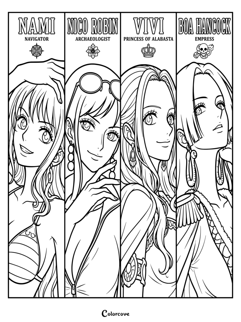 Printable coloring page featuring four major female characters from the One Piece anime series Nami, Nico Robin, Vivi, and Boa Hancock in separate portrait panels.