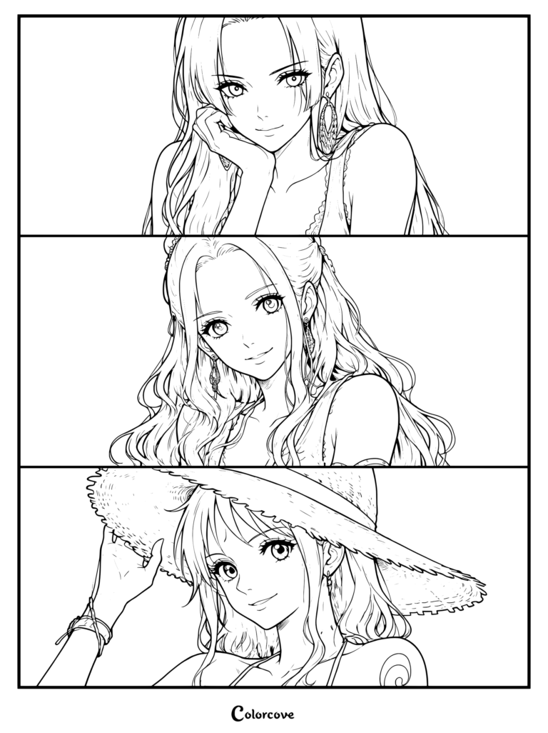 Digital illustration coloring page featuring popular female characters from the One Piece series including Nico Robin, Nefertari Vivi, and Nami