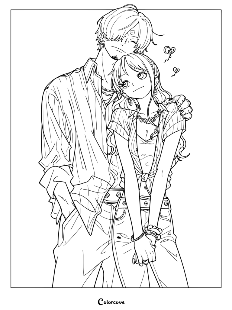Sanji and Nami from the anime series One Piece coloring page showing fanart of the characters
