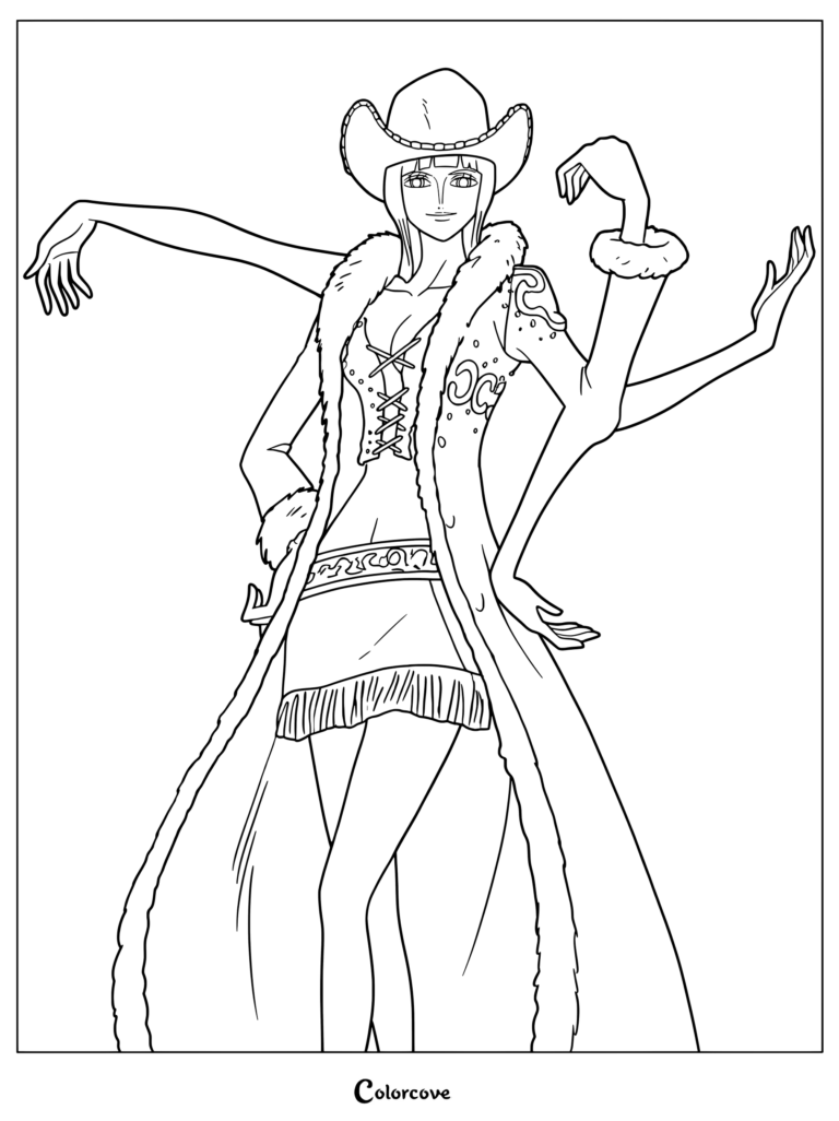 Nico Robin from One Piece wearing her white cowboy outfit from Alabasta and using her Hana Hana no Mi devil fruit to sprout extra arms coloring page