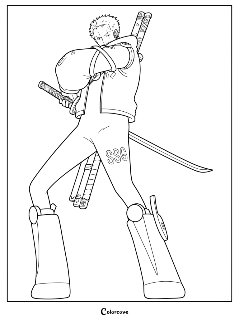 Roronoa Zoro from One Piece in his Egghead Island arc outfit coloring page featuring his iconic swords and futuristic gear