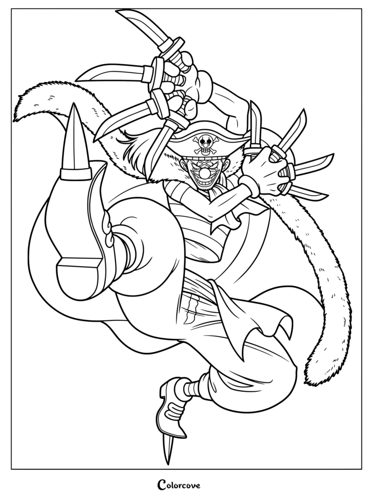 Buggy the Clown coloring page featuring the pirate captain wielding multiple knives in combat