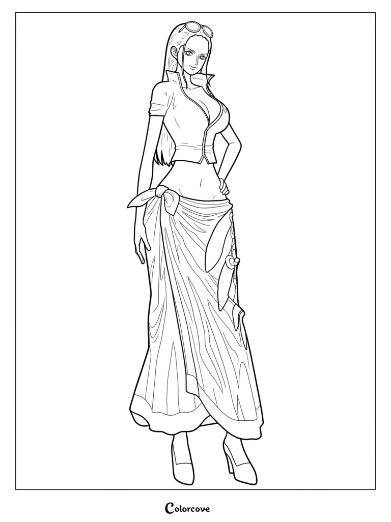 Nico Robin from One Piece wearing a blue crop top and long red skirt coloring page