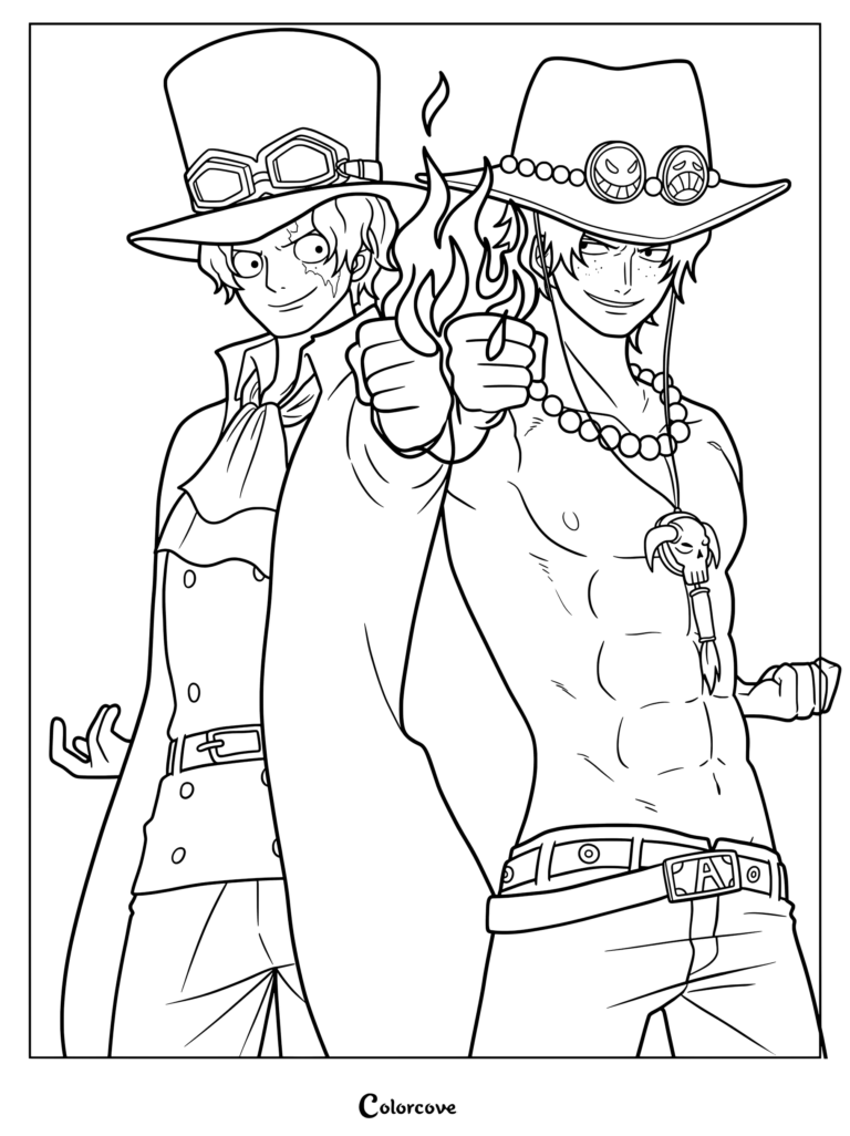 Printable coloring page featuring Sabo on the left and Portgas D. Ace on the right from the anime series One Piece