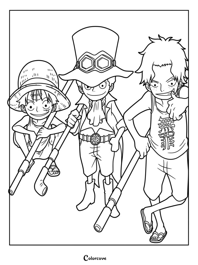 Free coloring page featuring the childhood versions of Monkey D. Luffy, Ace, and Sabo from One Piece holding pipes