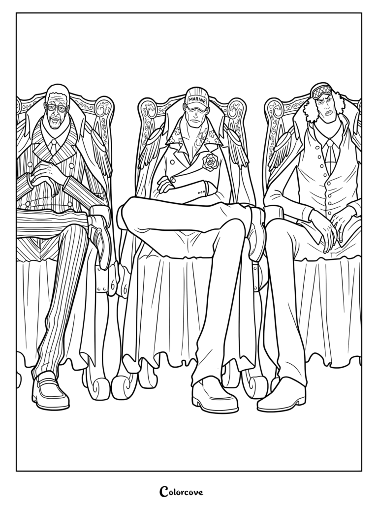 A printable coloring page featuring the three original Marine Admirals from the anime series One Piece seated in chairs.