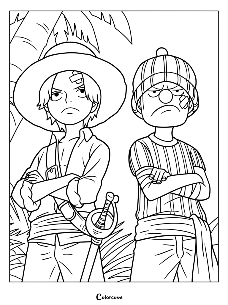 Printable coloring page of young Red Haired Shanks and Buggy the Clown standing as apprentices on the Roger Pirates ship