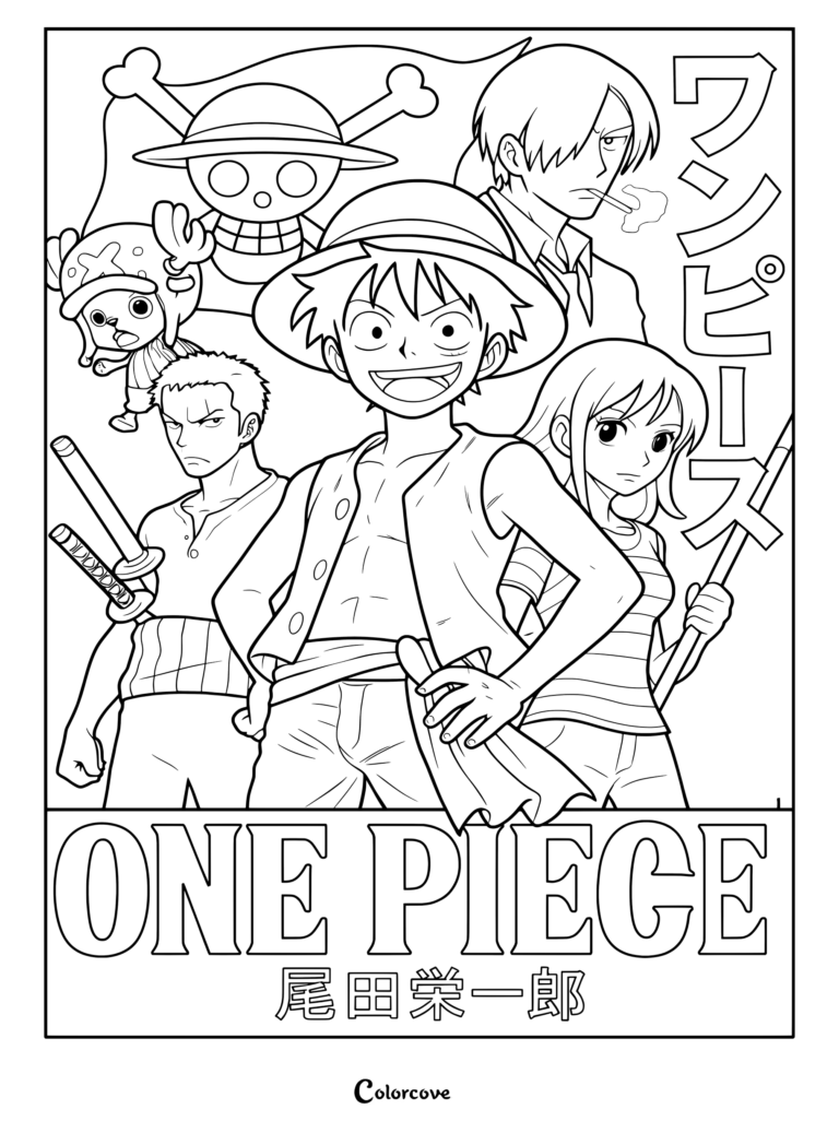 Luffy, Zoro, Nami, Sanji, and Chopper posing together.