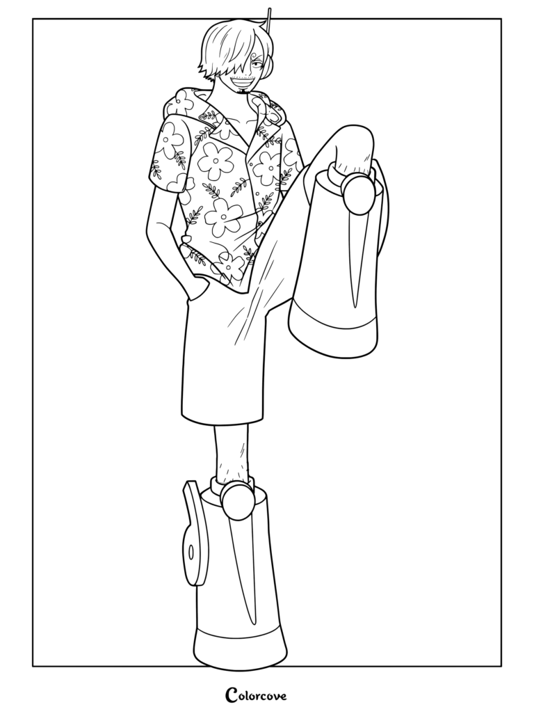 Official Banpresto figure of Sanji from One Piece wearing his Egghead Arc futuristic outfit coloring page