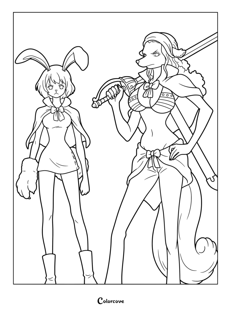 Carrot and Wanda coloring page featuring members of the Mink Tribe from Zou