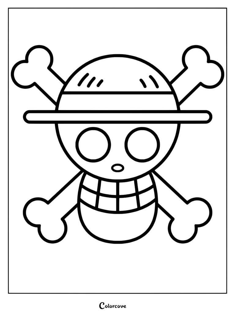 Straw Hat Pirates Jolly Roger emblem from One Piece coloring page featuring crossed bones and a skull wearing a straw hat.