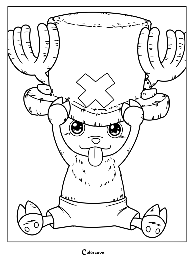 Tony Tony Chopper holding up his large hat in a fun coloring page