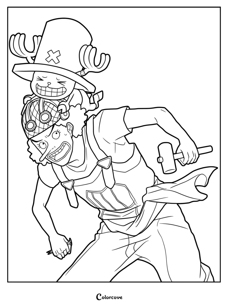 Usopp and Tony Tony Chopper coloring page featuring Usopp wielding a hammer with Chopper riding on his head