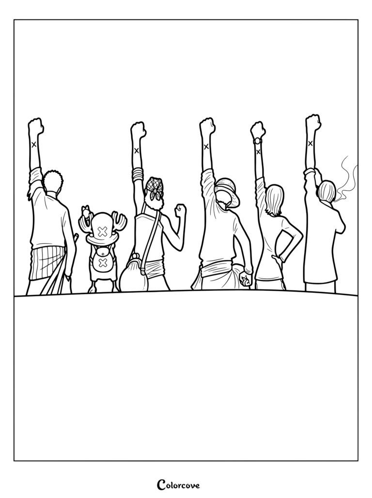 One Piece crew holding up arms with X marks for a silent farewell in this printable coloring page.