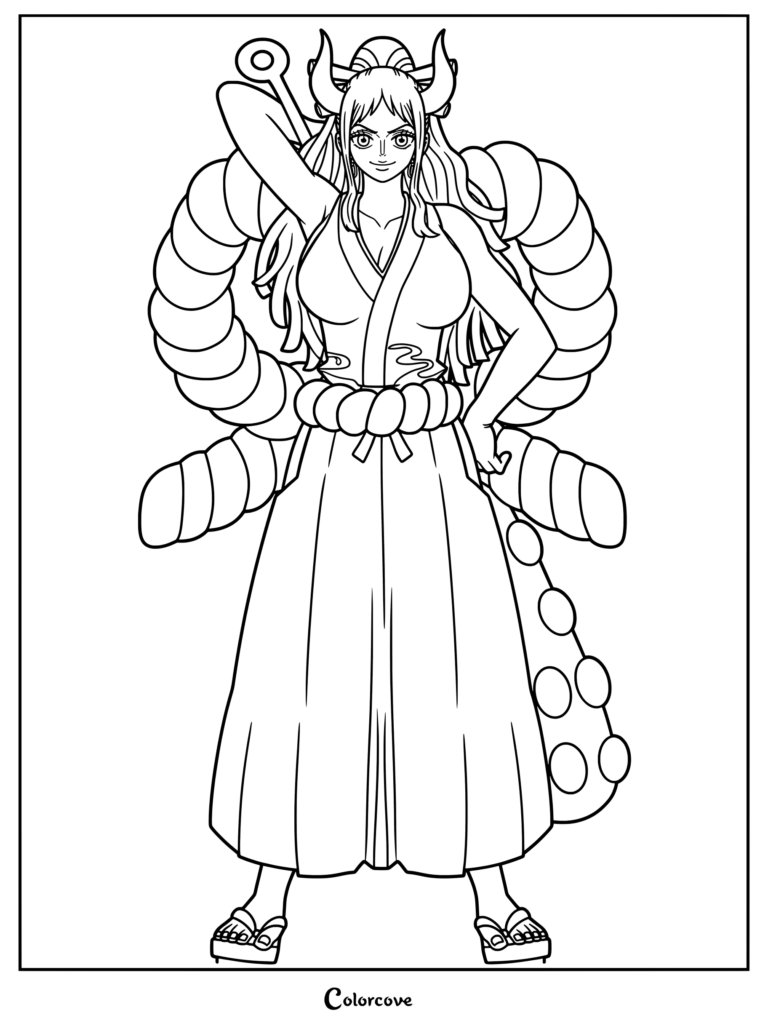 Yamato from One Piece wearing traditional robes with horns and carrying a club in this free printable coloring page