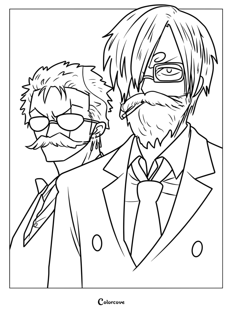 Zoro and Sanji from One Piece depicted in disguise wearing formal black suits and white beards coloring page
