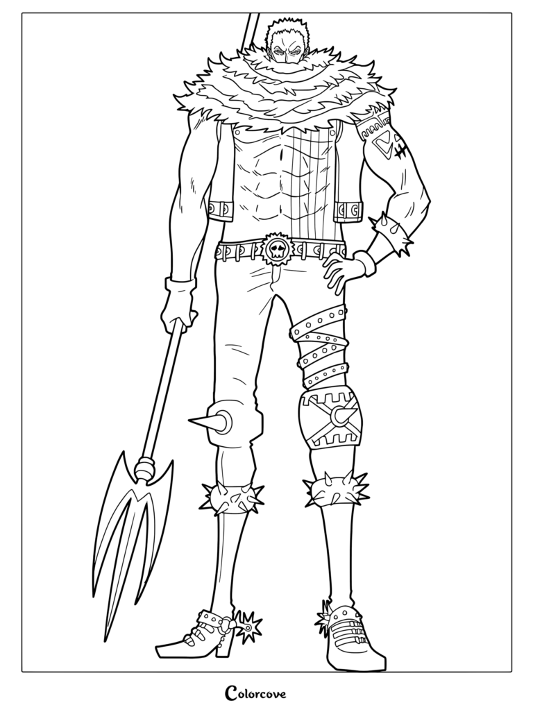 Charlotte Katakuri holding a trident in a detailed One Piece coloring page