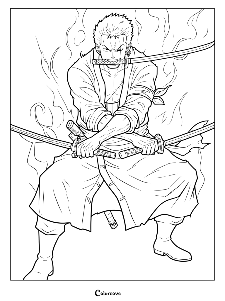 Zoro utilizing his signature Three Sword Style (Santoryu), holding one blade in his mouth and two in his hands coloring page