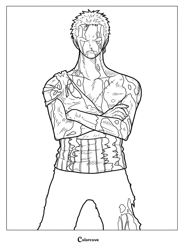 Zoro standing covered in blood after taking Luffy's pain at Thriller Bark coloring page