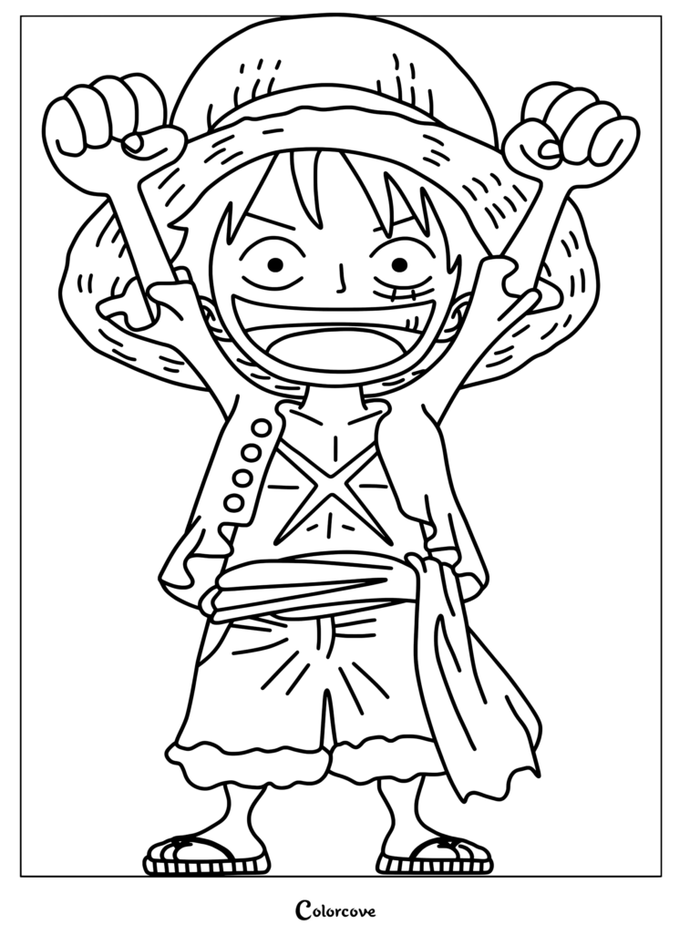 Chibi style Monkey D. Luffy coloring page featuring the pirate captain raising his fists in excitement