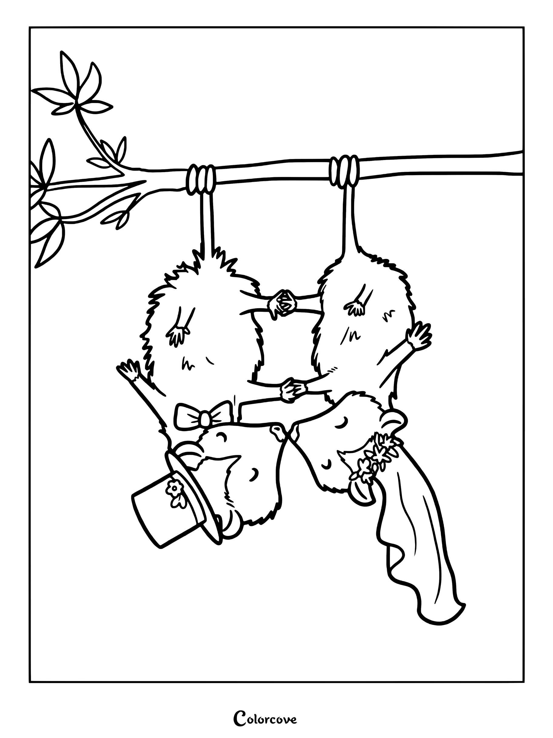 A cute opossum bride and groom wearing a top hat and veil hanging upside down from a tree branch, line art coloring page.