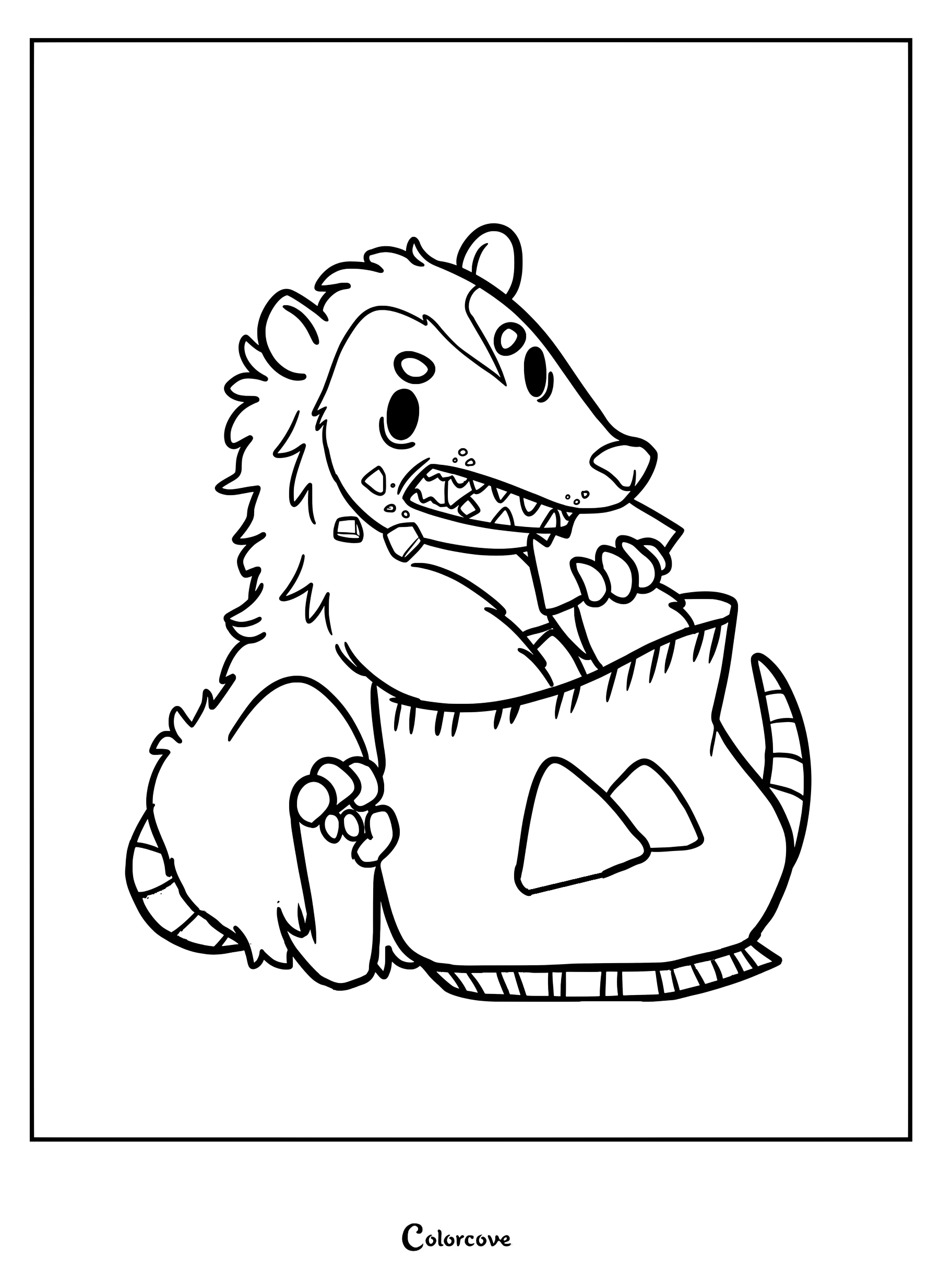 A cute opossum sitting inside a bag of tortilla chips, munching on a snack, line art coloring page.