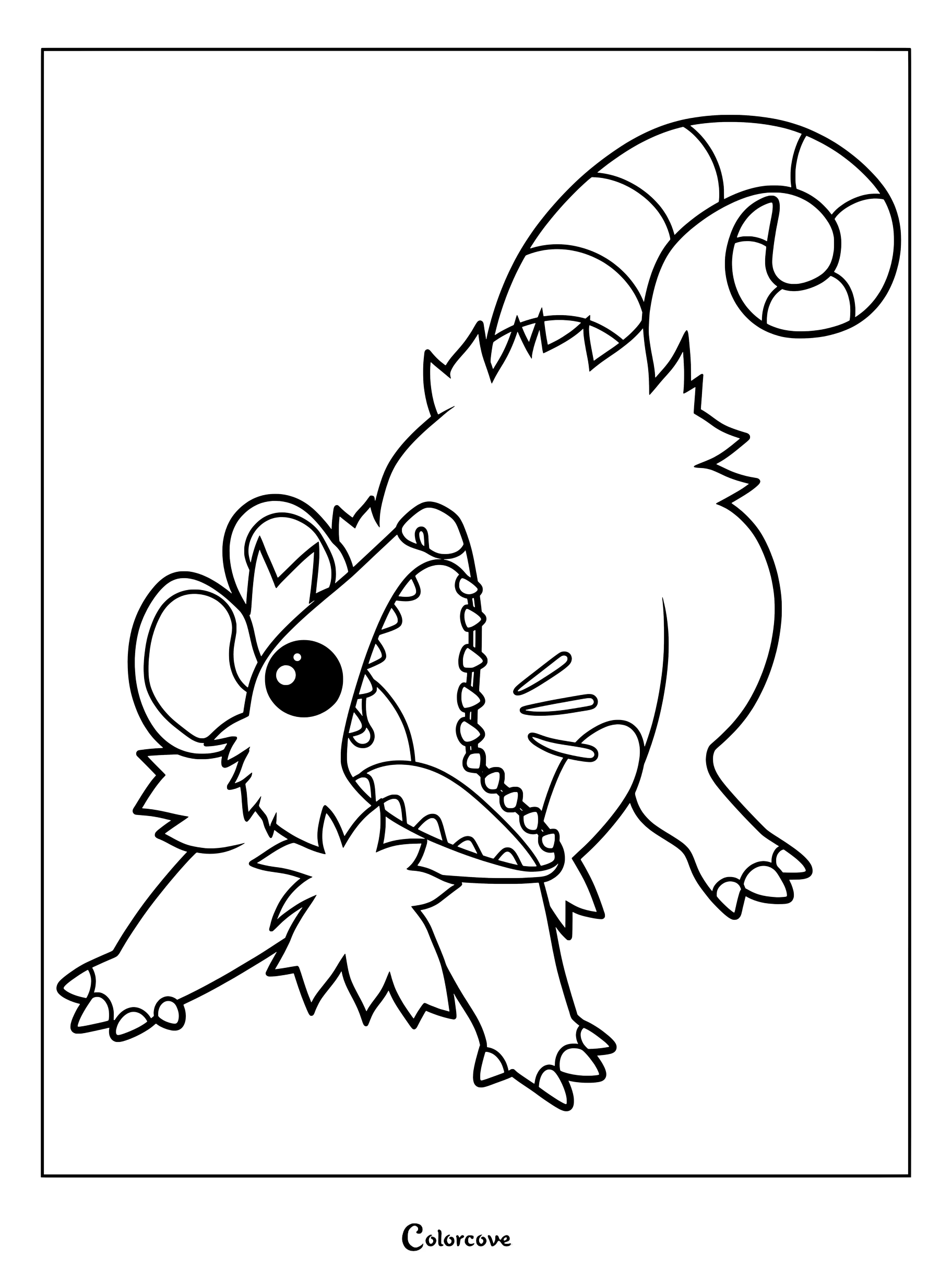 A black and white line art coloring page of a fluffy opossum with its mouth wide open in a dramatic scream, showing sharp teeth and a curled tail.