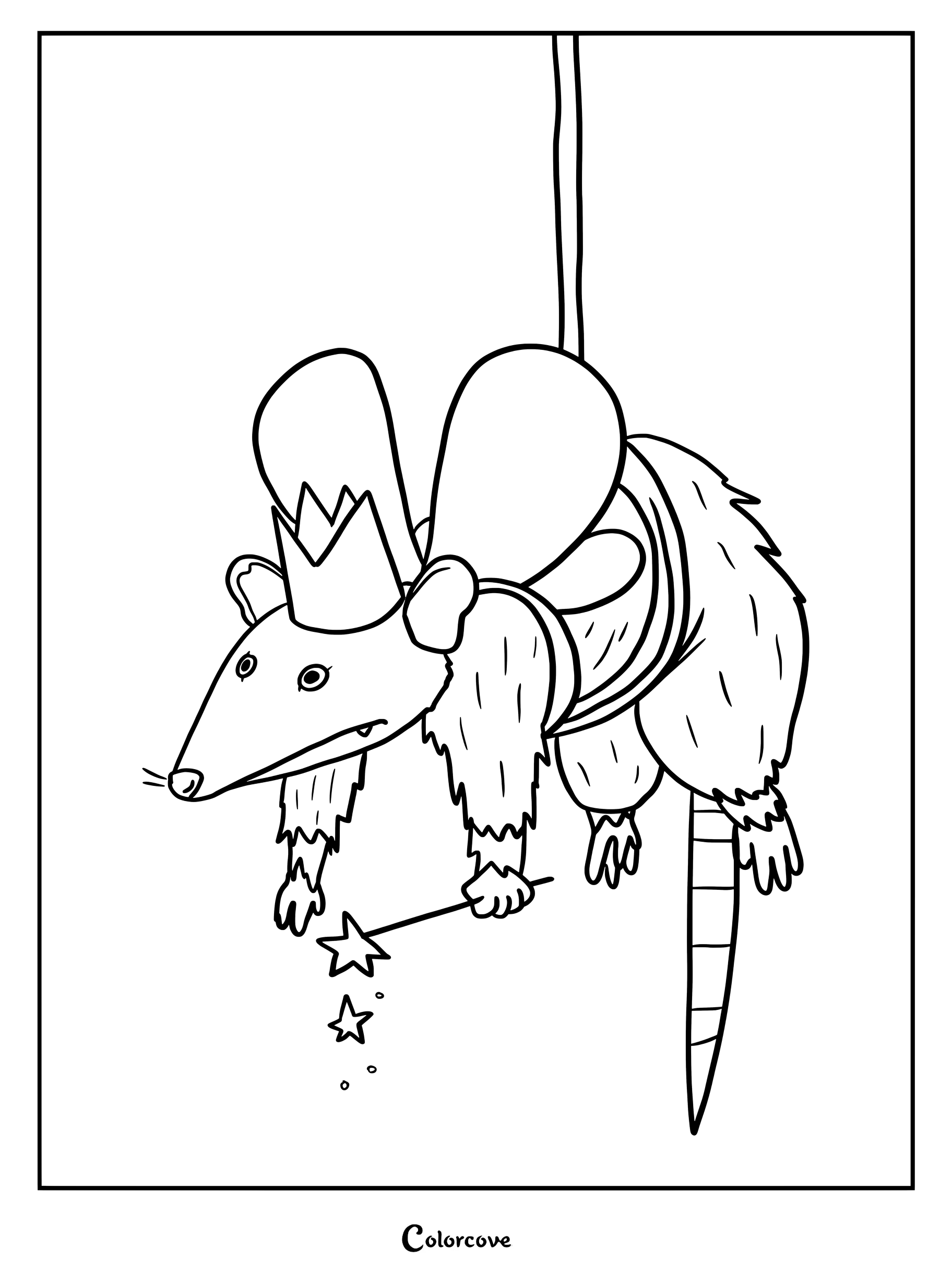 A fairy opossum wearing a crown and wings hanging by its tail while holding a star wand in this printable coloring page.