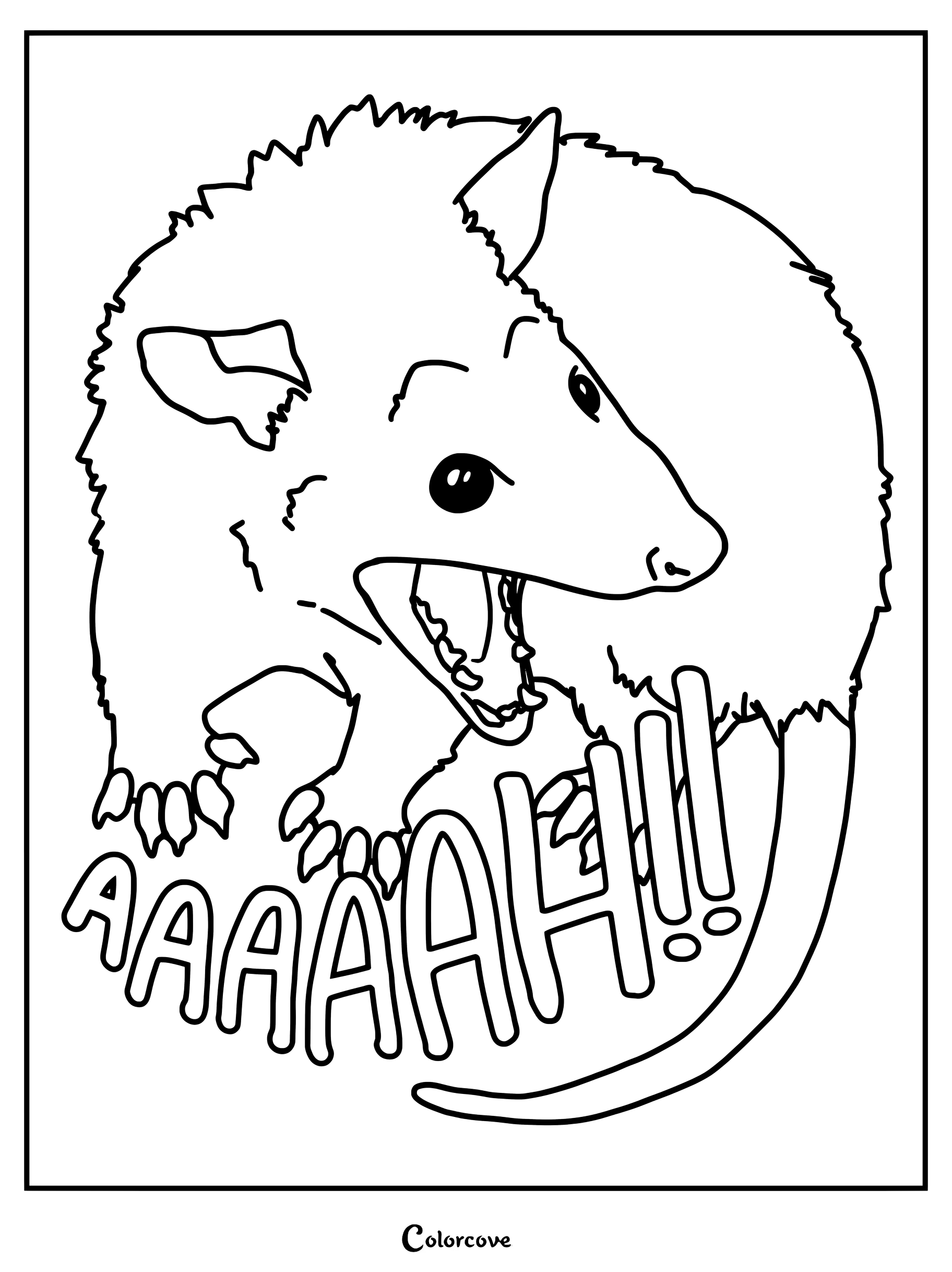 A line art coloring page featuring a startled opossum with its mouth wide open, shouting the word AAAAAH in bold bubble letters.
